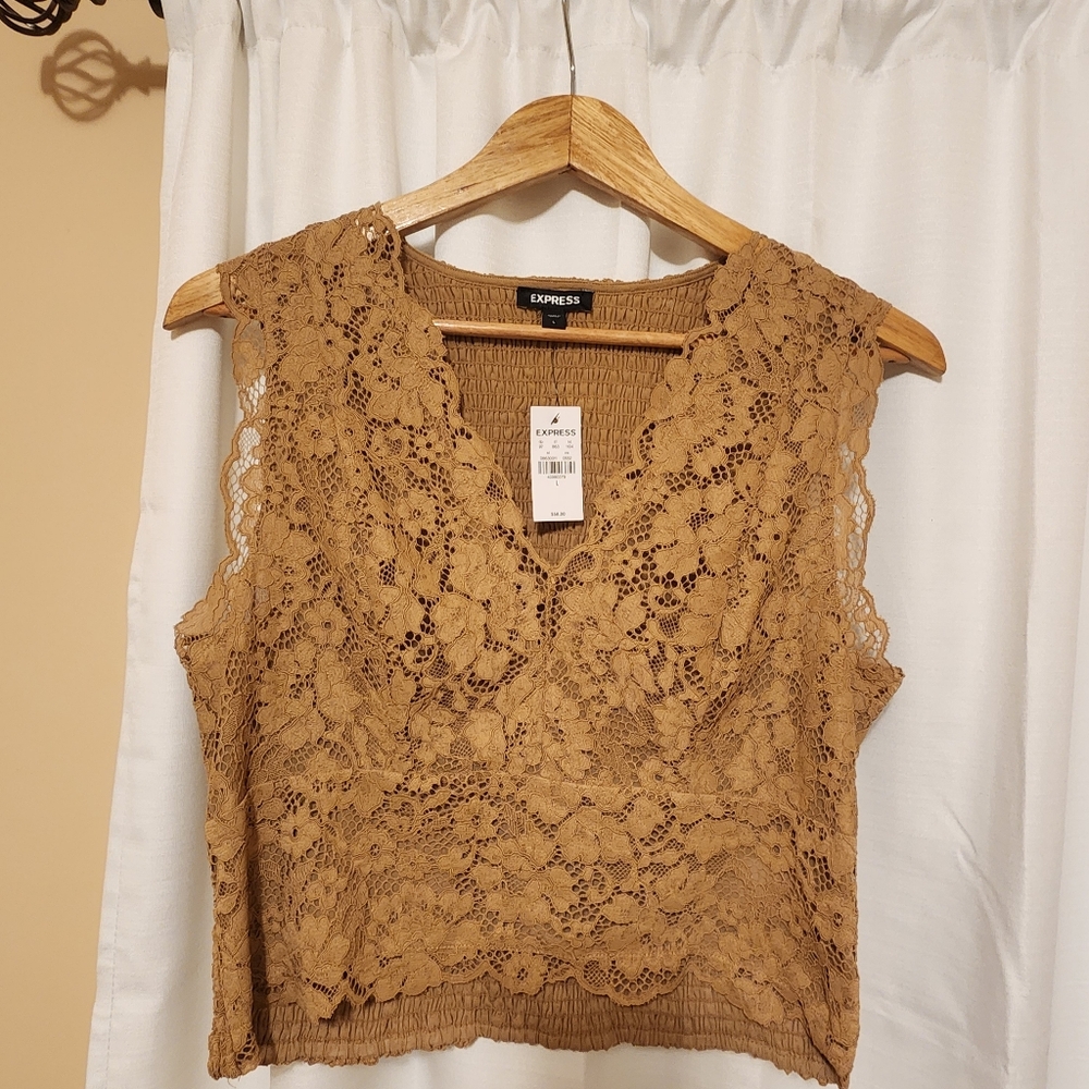 NEW Express Lace Smocked Back Sleeveless Blouse Dusty Gold - Picture 10 of 10
